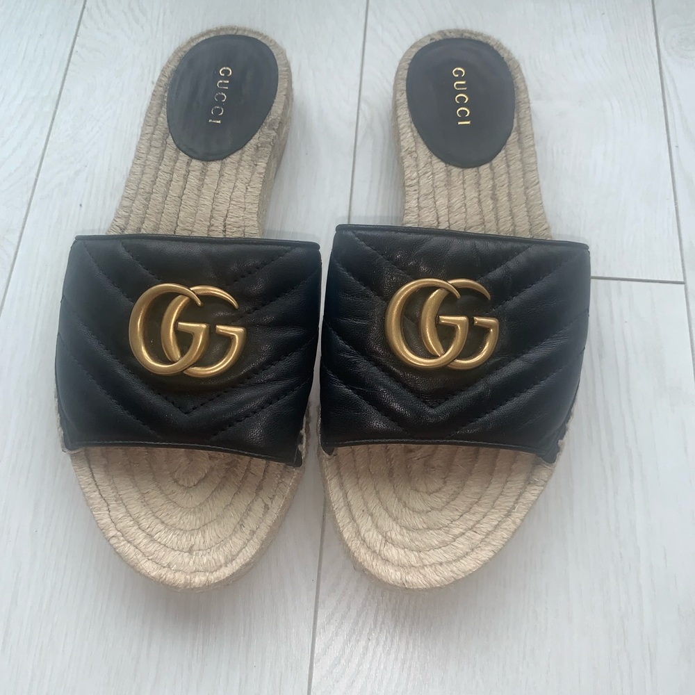 Gucci Napa Charlotte Nero GG Leather Espadrille Slide Sandal SZ EU36.5 6.5US - Picture 2 of 10